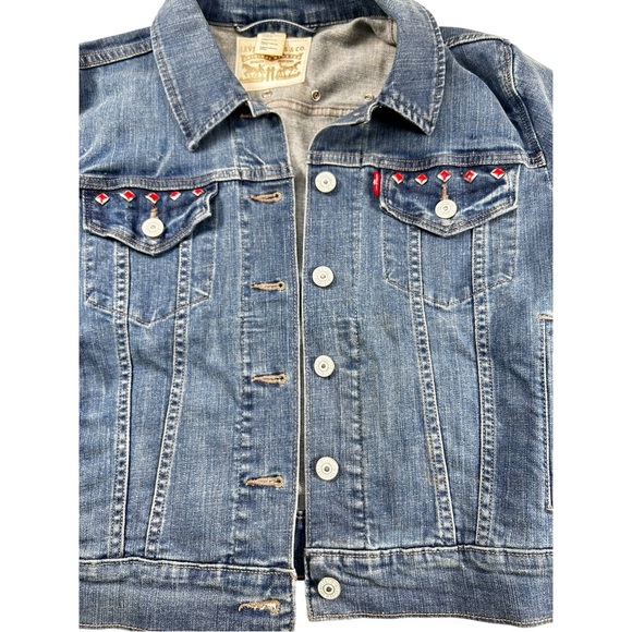 Levi’s Women’s Cropped Blue Denim Jean Jacket – Size L Red Embellished Detail - Picture 10 of 10